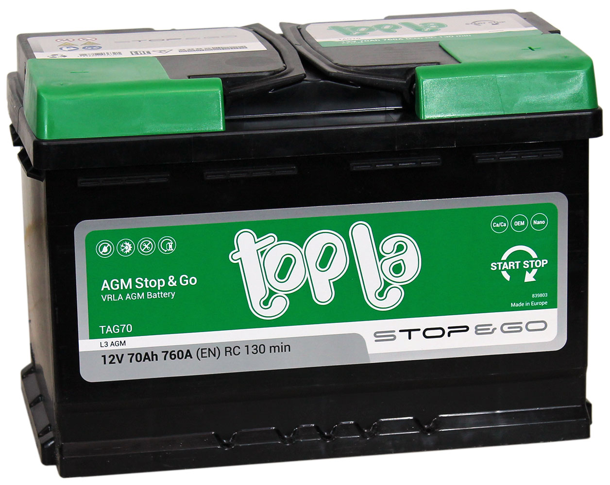 Аккумулятор 6СТ-70 TOPLA AGM StartStop о/п 760А